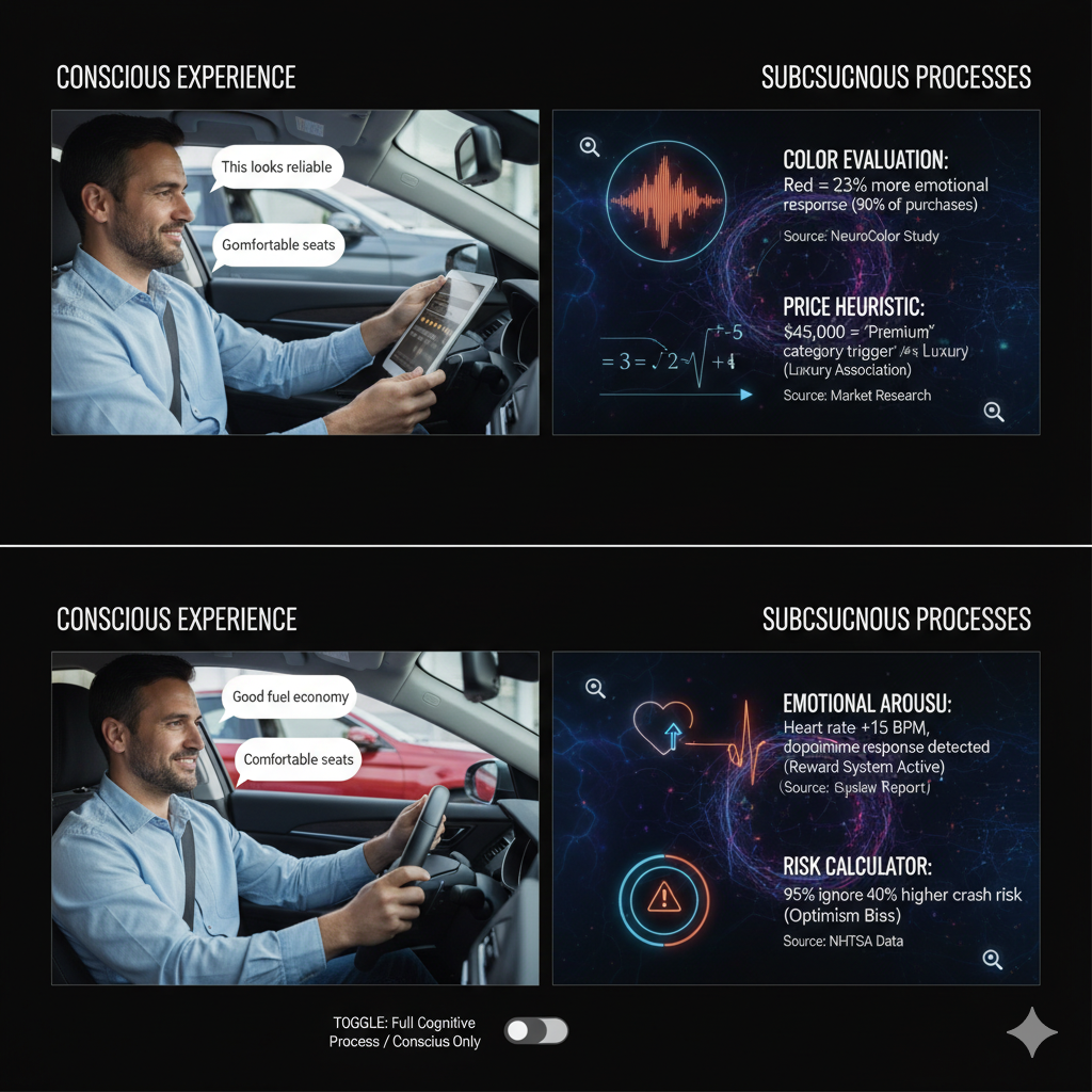 Interactive visualization showing the hidden psychological processes behind car buying decisions, including color evaluation, price heuristics, and emotional arousal metrics