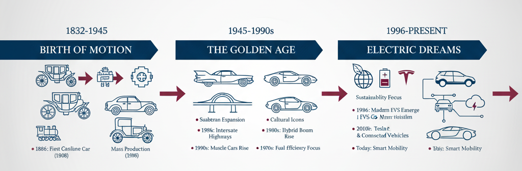 Timeline visualization showing the evolution of automobiles from 1832 to present, divided into three eras: Birth of Motion, The Golden Age, and Electric Dreams