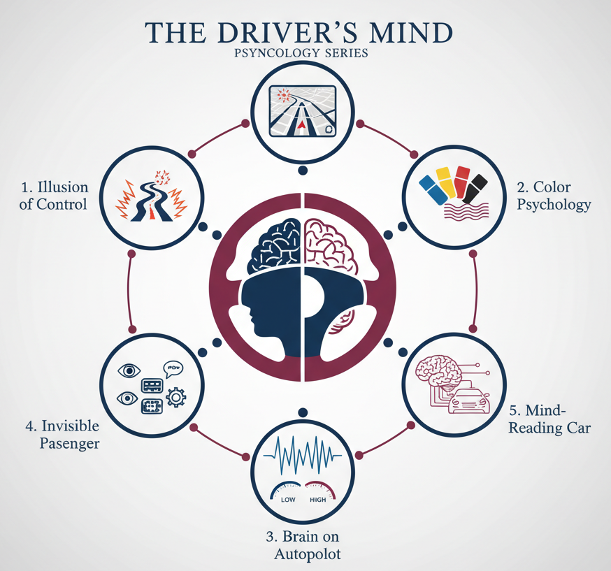 Scientific illustration showing the intersection of human psychology and automotive technology, featuring five interconnected nodes representing the series topics: illusion of control, color psychology, brain autopilot, invisible passenger, and mind-reading car