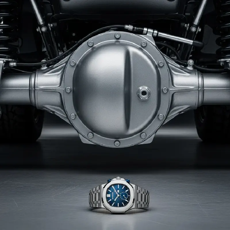 Portal axle mechanism juxtaposed with luxury timepiece