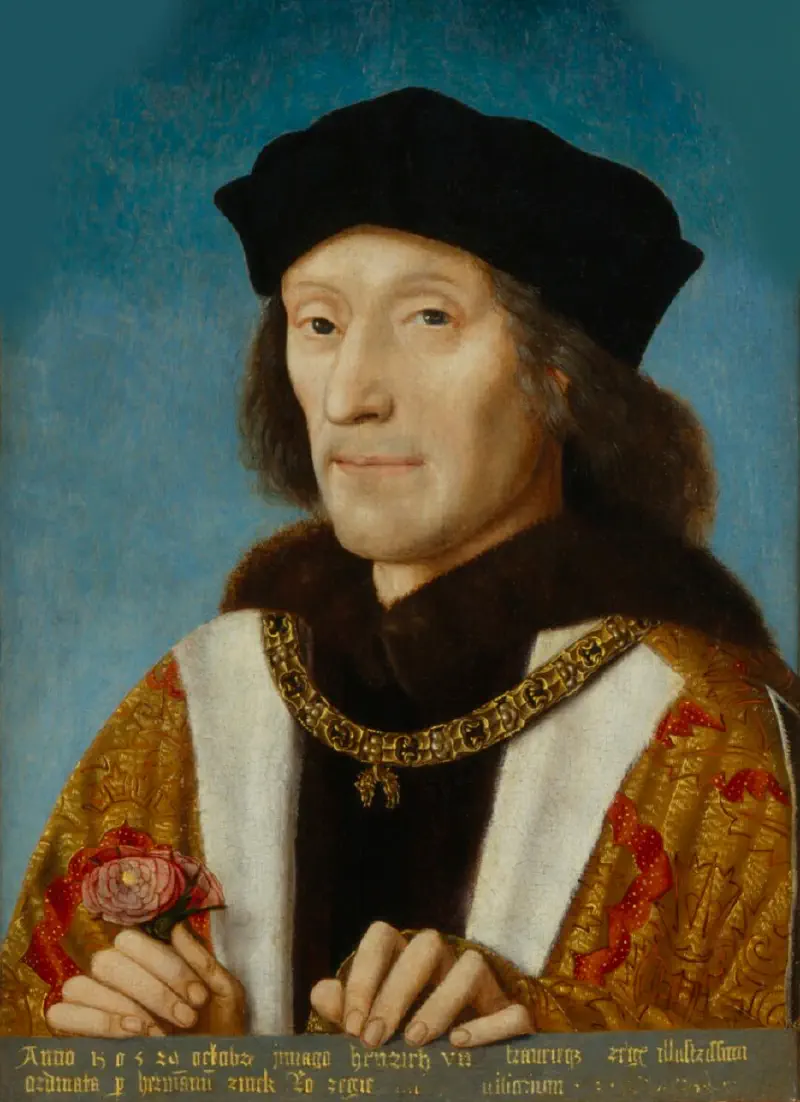 Portrait of king Henry VII holding a rose and wearing the collar of the Order of the Golden Fleece, 1505, Wikimeia