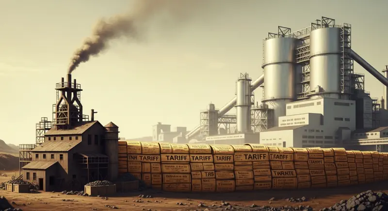 A stylized illustration of a small, rough steel mill growing behind a protective wall while a polished industrial complex looms in the distance