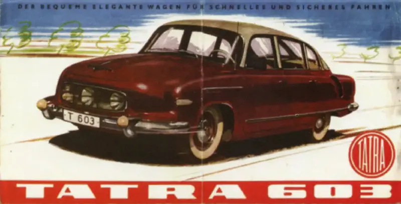 An old advertisement showcasing the aerodynamic design of the Tatra 603.
