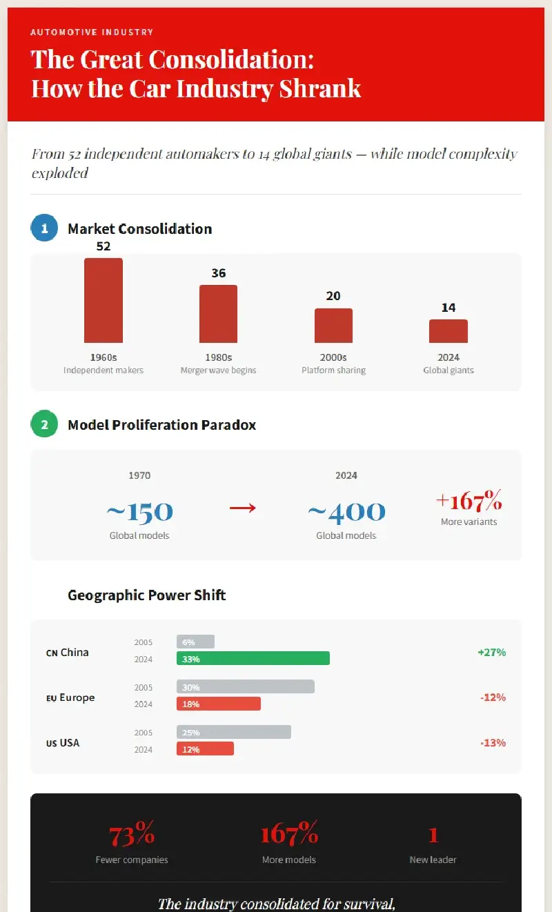 Car Industry Transformation Infographic showing consolidation, model proliferation, and geographic shift