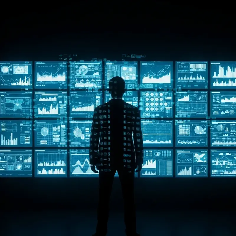 A professional silhouette stands before a wall of glowing blue data screens in a dark room.