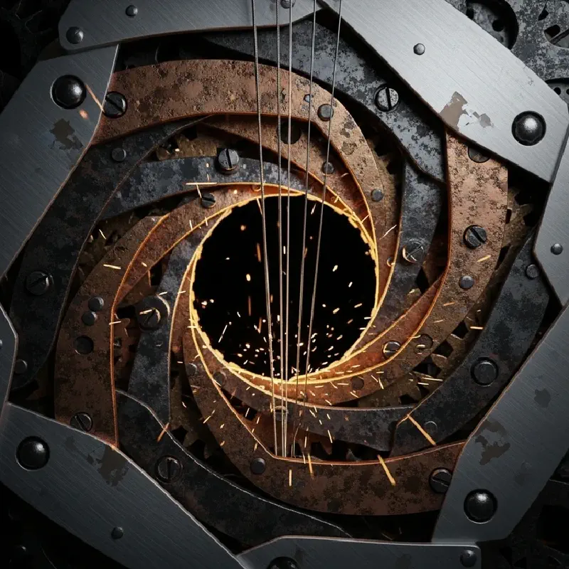 Close-up of a thin wire navigating the internal gears of a mechanical device.