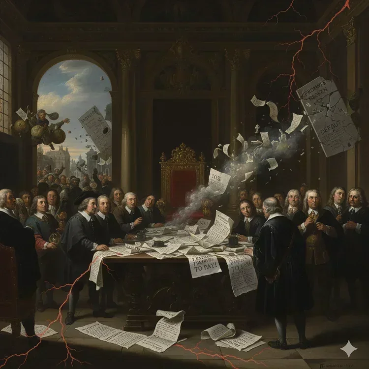 Cascading domino effect: price collapse to buyers refusing payment, broken promises, destroyed credit, social disorder with falling dominos, contract papers, and &ldquo;I will do as another does&rdquo; speech bubble.