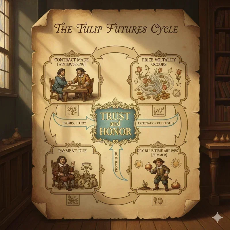 System diagram showing the flow of the Tulip Futures Cycle: (1) Contract Made [Winter/Spring] -> (2) Price Volatility Occurs -> (3) Dry Bulb Time Arrives [Summer] -> (4) Payment Due. Highlight the central role of &ldquo;Trust and Honor&rdquo; linking (1) and (4).