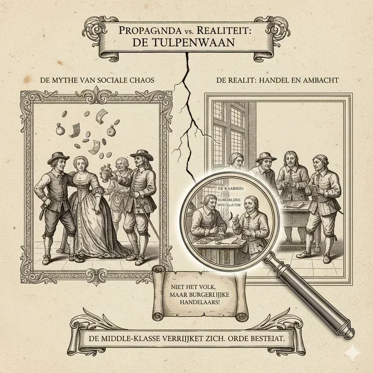 Inverted social pyramid diagram of Tulipmania: traditional hierarchy flipped with upward mobility arrows through tulip wealth, weavers in noble attire dominating, broken social contracts and anxious elites.