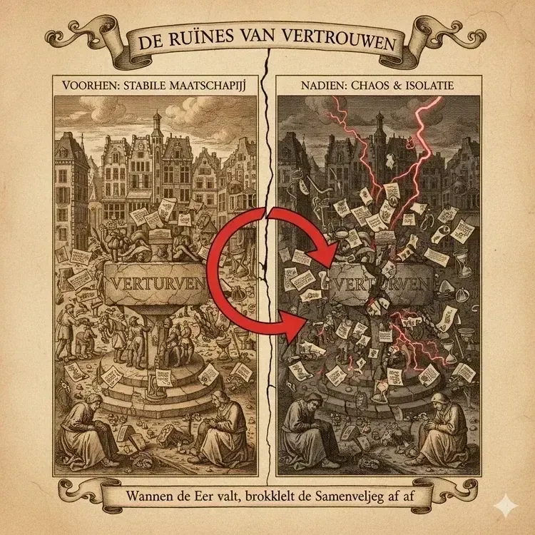 Ruins of trust foundation: cracked stone engraved with &ldquo;Trust&rdquo; crumbling under broken contracts and honor symbols, thriving cityscape above fading into chaos, before-and-after split showing stable society vs isolated individuals.