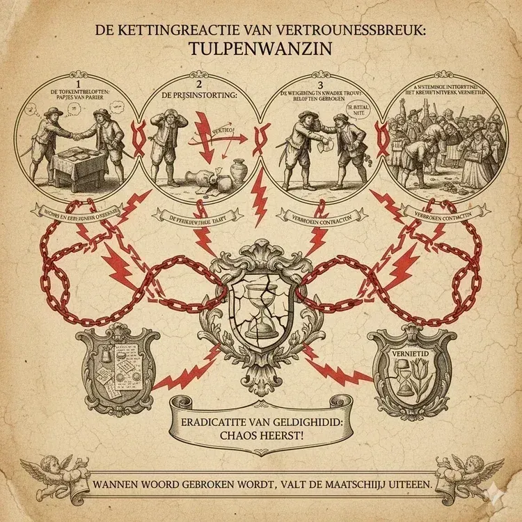 Chain reaction diagram of trust breakdown: futures promises to price collapse to broken promises in bad faith, destroyed credit network, societal vacuum with broken chains and shattered trust symbols.