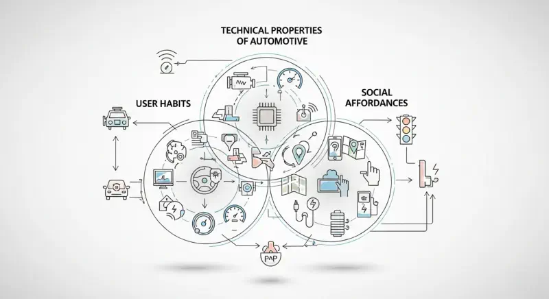 Diagram showing the interaction between technical properties, user habits, and social affordances