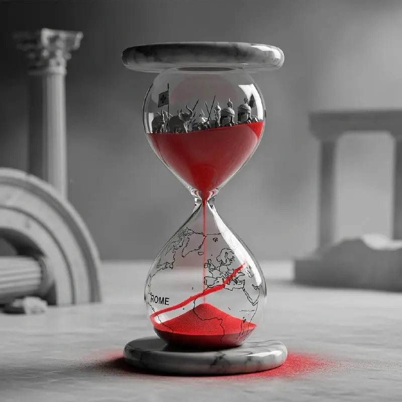 An artistic hourglass with red sand, representing the shifting fortunes of time and resources in the Punic Wars.