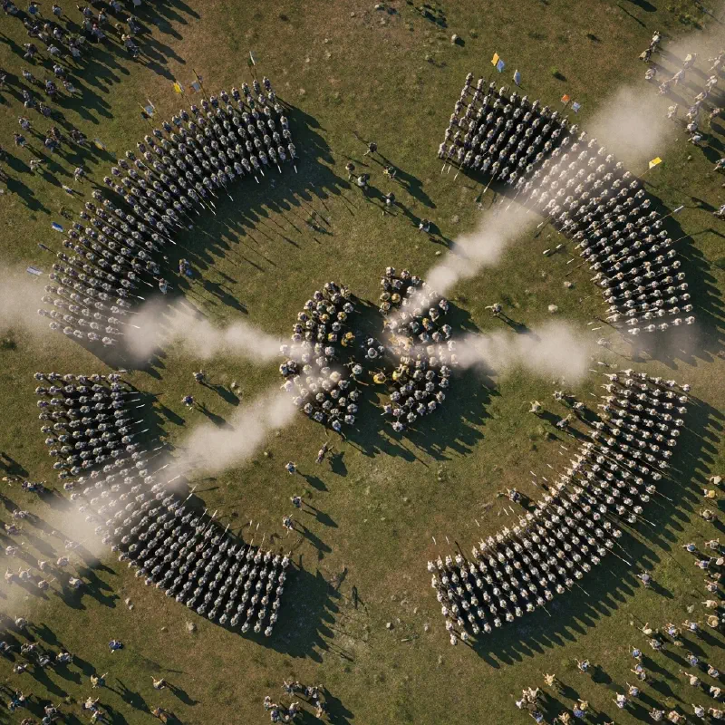 Overhead view of a ancient battlefield showing encirclement tactics, illustrating the Battle of Cannae.