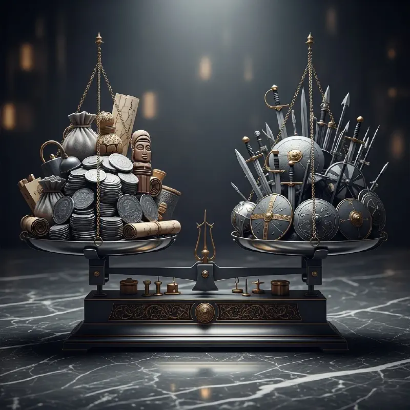 A pair of scales comparing wealth to weaponry, representing Carthage’s strategic priorities.