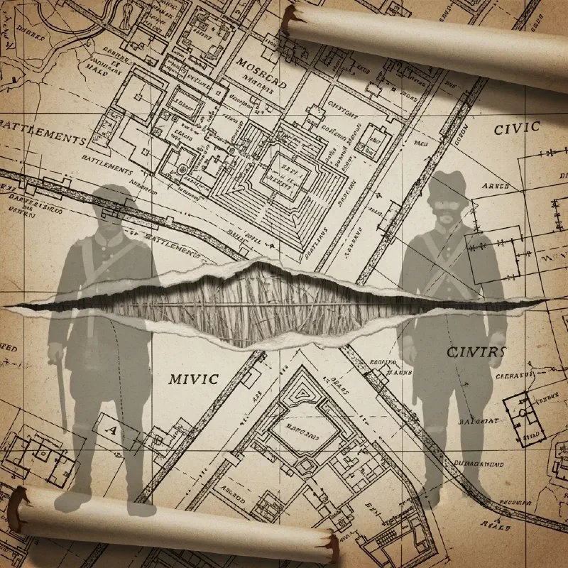 A torn ancient blueprint symbolizing the separation between Carthage’s military and civilian institutions.