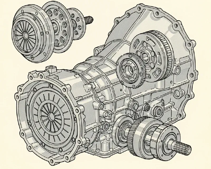 A technical exploded-view diagram of a car transmission, highlighting its robust, oversized components.