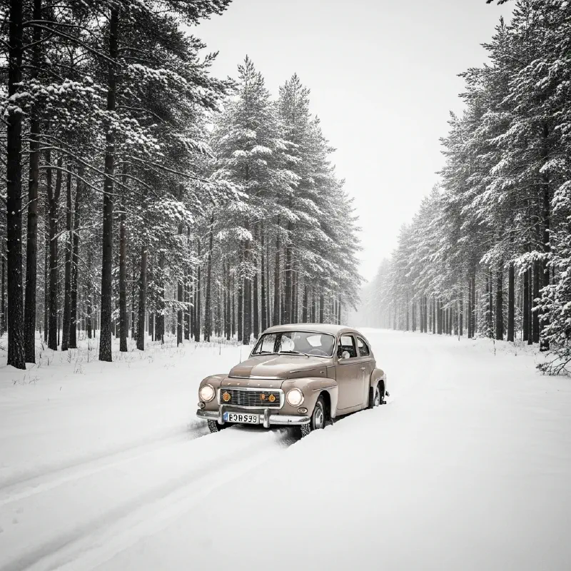 A classic Volvo car driving down a snow-covered road through a dense, winter forest.