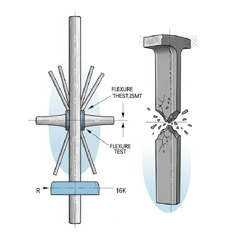 An archival-style diagram comparing the mechanical failure of wood and iron under impact.