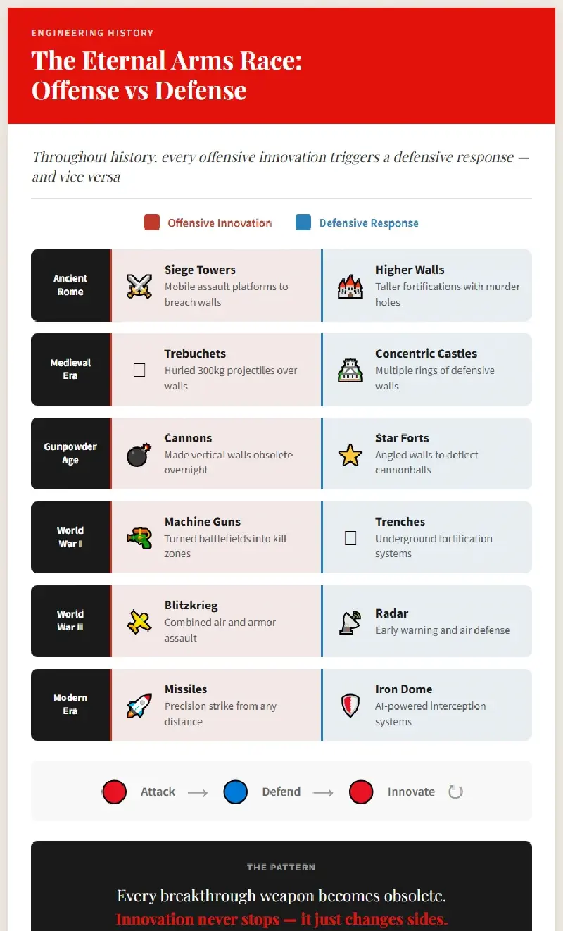 Offensive vs Defensive Engineering timeline from Ancient Rome to Modern Era
