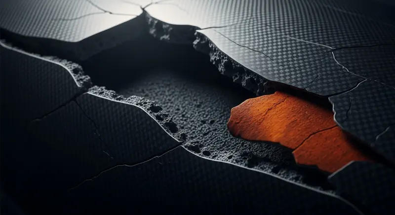 Cross-section showing delamination in a carbon fiber composite material