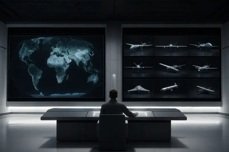 An operator sitting at a console with multiple screens displaying targeting data