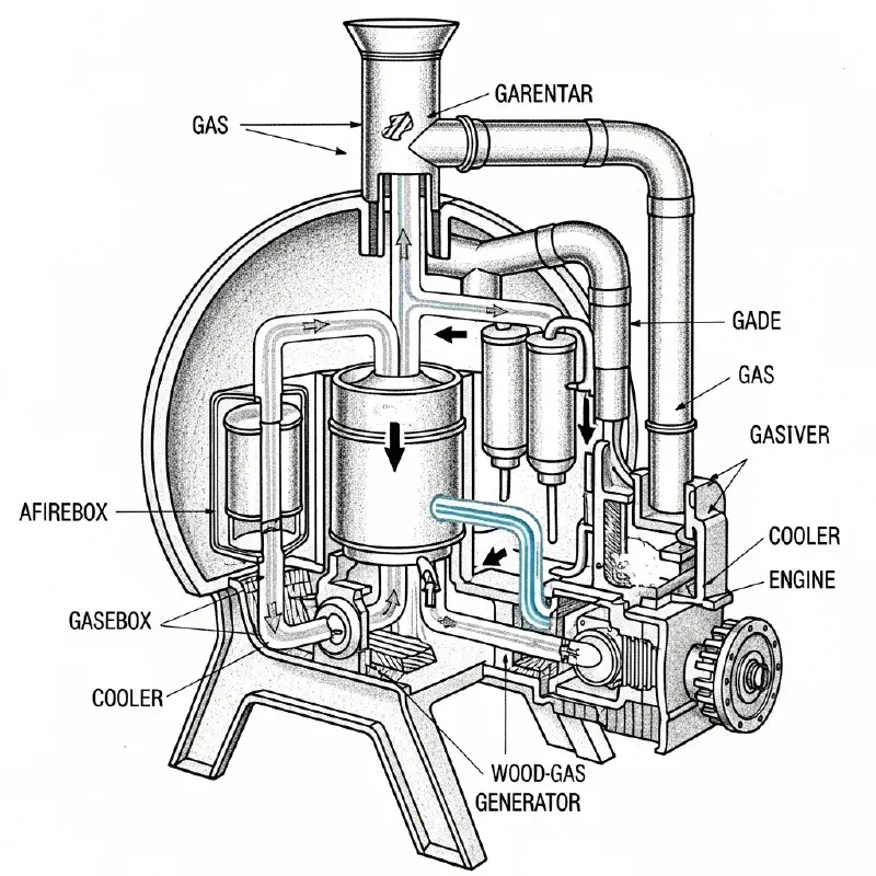 An annotated cross-section diagram of a wood-gas generator system, showing how gas is produced and cleaned.