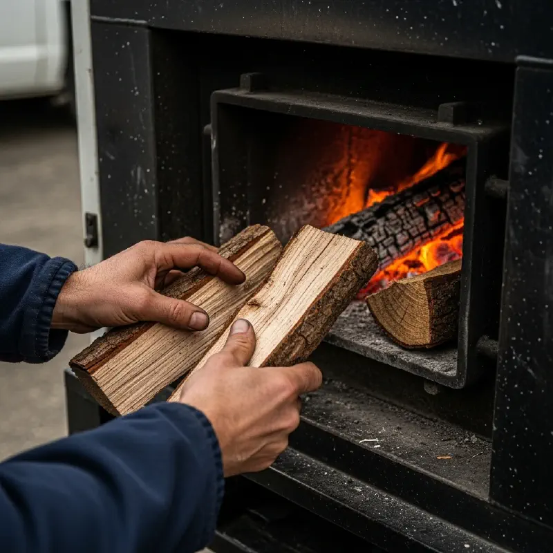 A close-up of hands loading wood into a metal furnace attached to a vehicle.