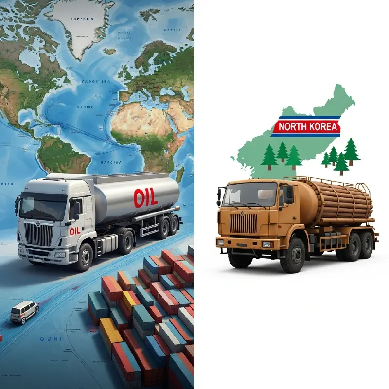 A split image comparing a modern oil tanker on a world map to a wood-burning truck on a simple, national map.