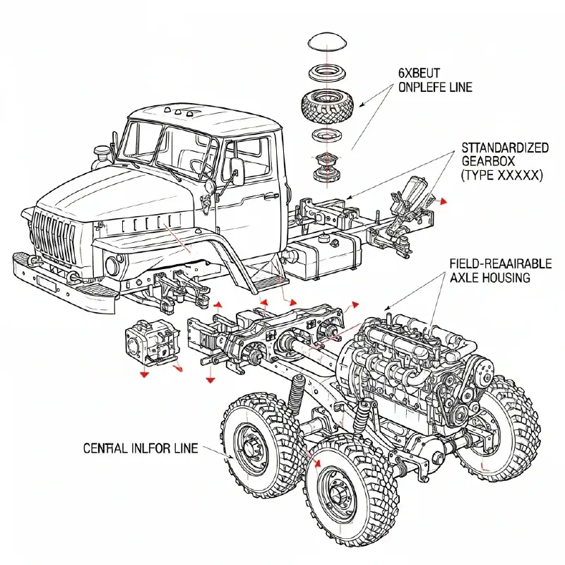 A technical diagram of a heavy truck’s drivetrain and engine, annotated with Soviet-era part numbers.