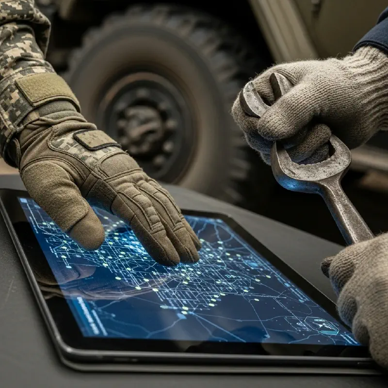 A close-up comparing a hand on a digital tablet with a hand using a wrench on a rugged truck wheel.