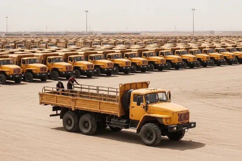 A vast yard filled with rows of identical military trucks in a desert, with one being loaded in the foreground.
