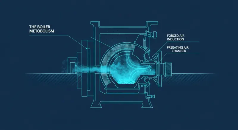 A blueprint-style illustration of a large steam boiler with its internal furnace and tube structure visible.