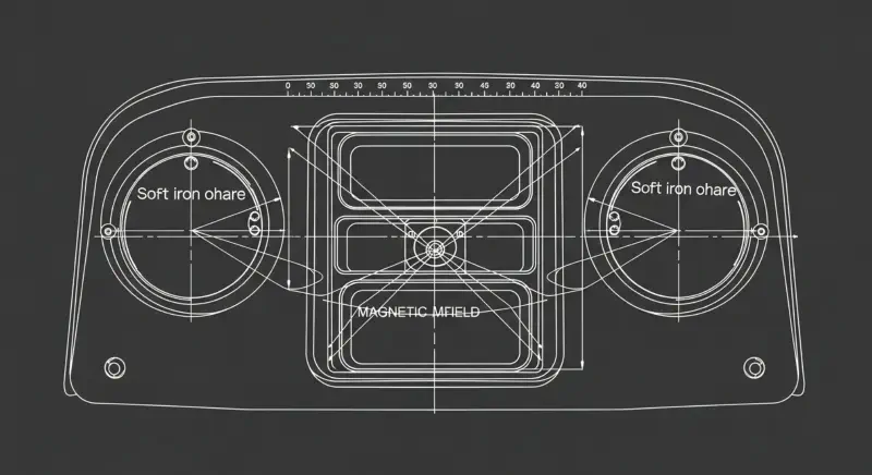 An illustration of the binnacle, showing the magnetic compass and its surrounding calibration instruments.
