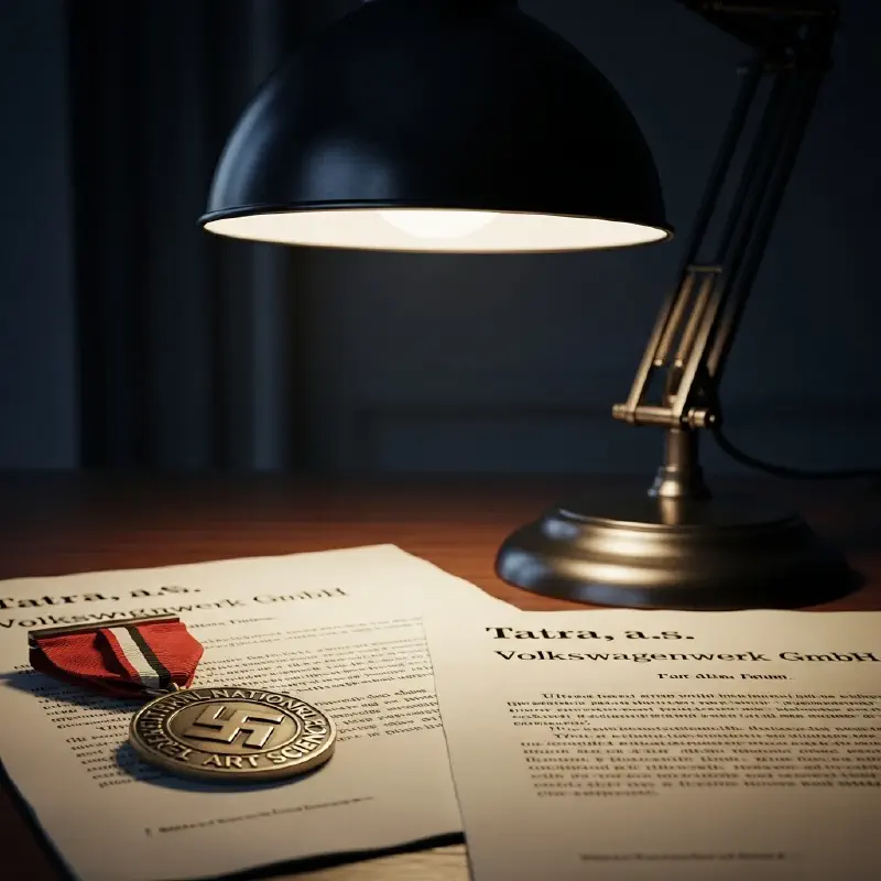 A vintage medal sits on a desk next to old legal documents, lit by a solitary desk lamp.