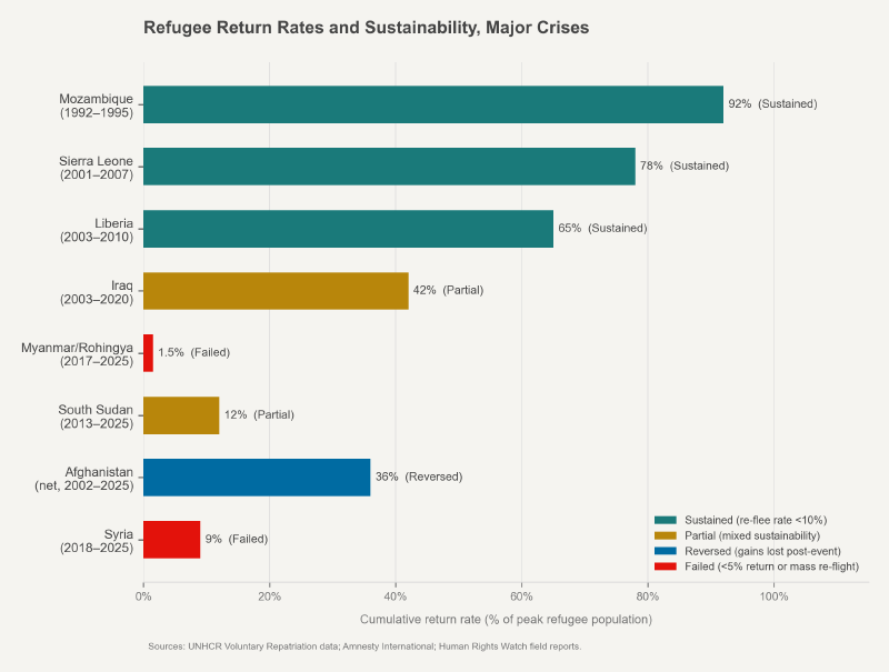 Refugee return rates and sustainability across major crises: Mozambique, Syria, Afghanistan, South Sudan, and others