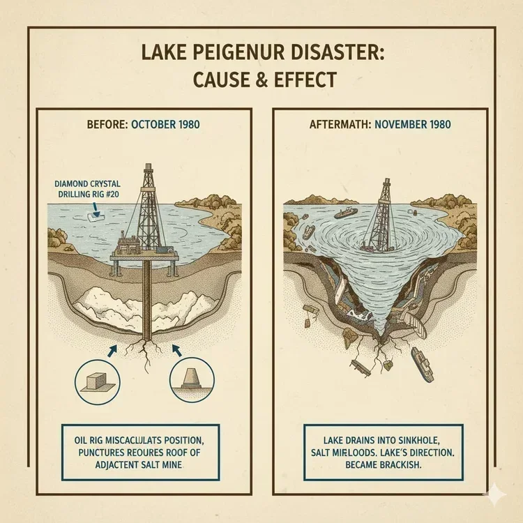 Illustration of the Lake Peigneur disaster showing the drilling rig, salt mine, and resulting whirlpool