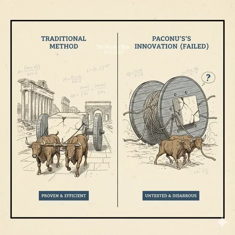 Ancient Roman marble transport illustration showing Paconius&rsquo;s spool system