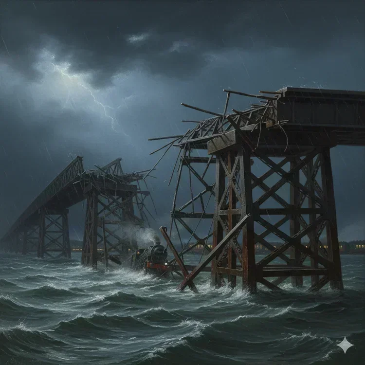 The Tay Bridge disaster showing structural failure of wrought-iron components