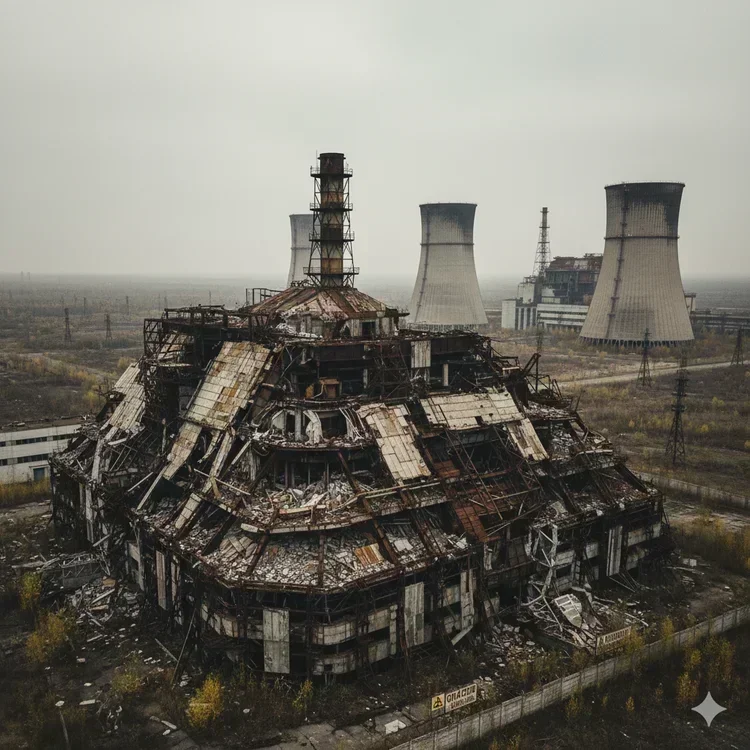 Composite artistic image showing silhouettes of the Three Mile Island cooling towers, the Bhopal chemical plant, and Chernobyl reactor building, overlaid with subtle technical diagrams and warning symbols, suggesting the interconnected nature of these disasters