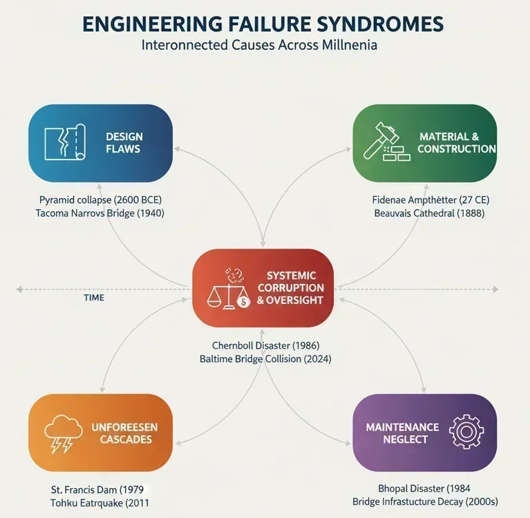 Historical timeline of engineering disasters from 2600 BCE to 2024 CE, showing major failures across different eras with illustrated vignettes
