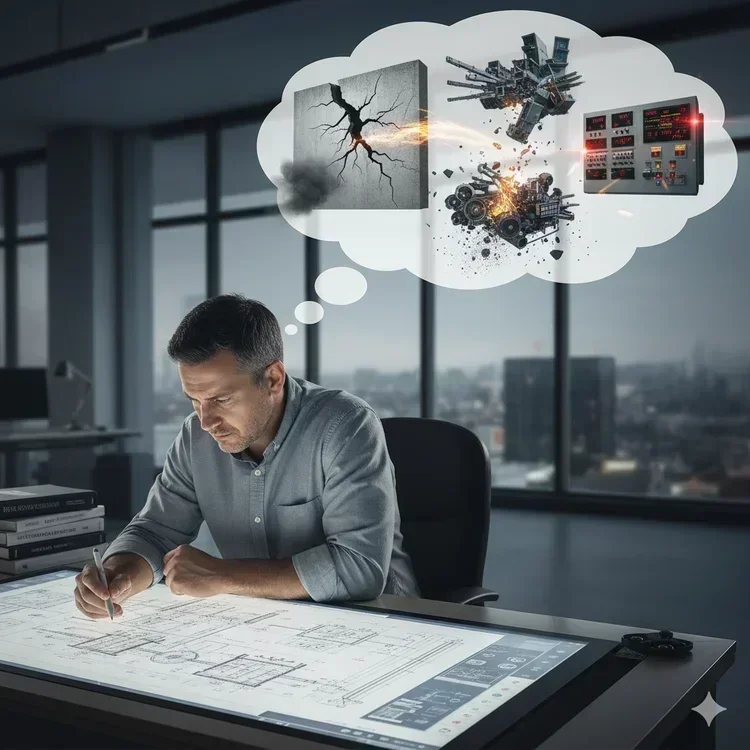 Diagram showing interconnected systems in engineering failures—a web connecting human factors, design decisions, safety protocols, maintenance procedures, and regulatory oversight, with Three Mile Island, Bhopal, and Chernobyl as case study nodes