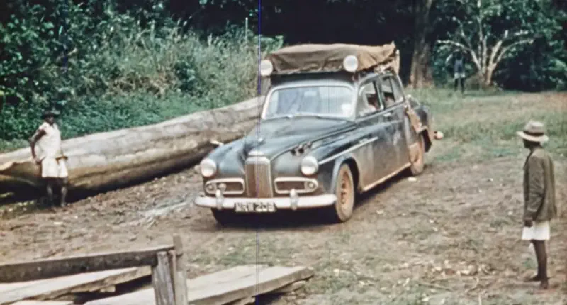 An image of the Humber Super Snipe crossing a bridge in Africa