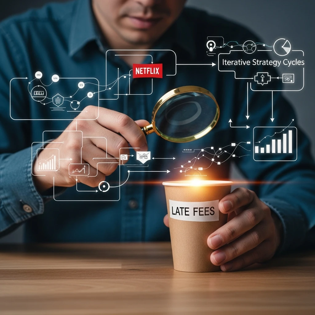 A strategist uses a magnifying glass to closely examine a small, discarded paper cup marked 'Late Fees,' while complex, dynamic flowcharts illustrating iterative strategy cycles glow in the background.