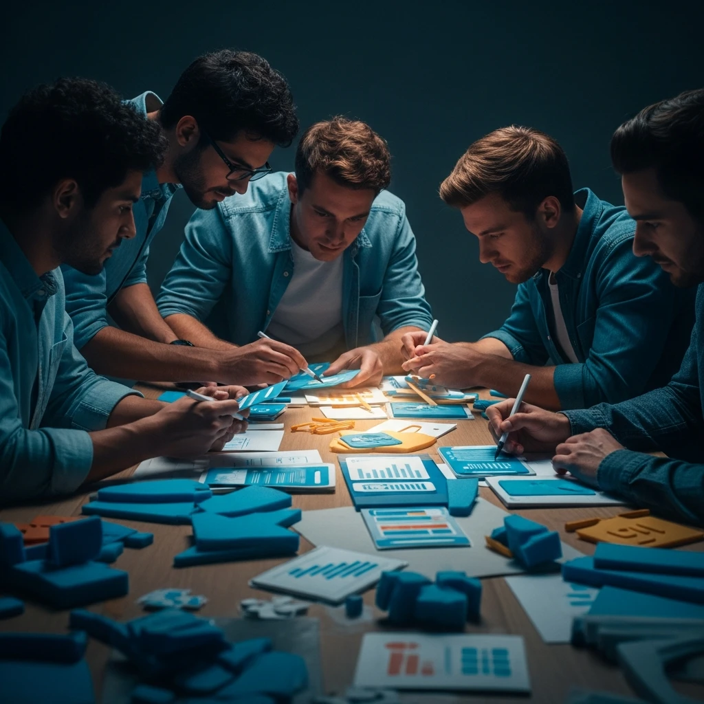 A focused, diverse strategy team working intensely around a table covered in rough prototypes, focused on transforming an abstract idea into a concrete representation of a financial product or service blueprint.