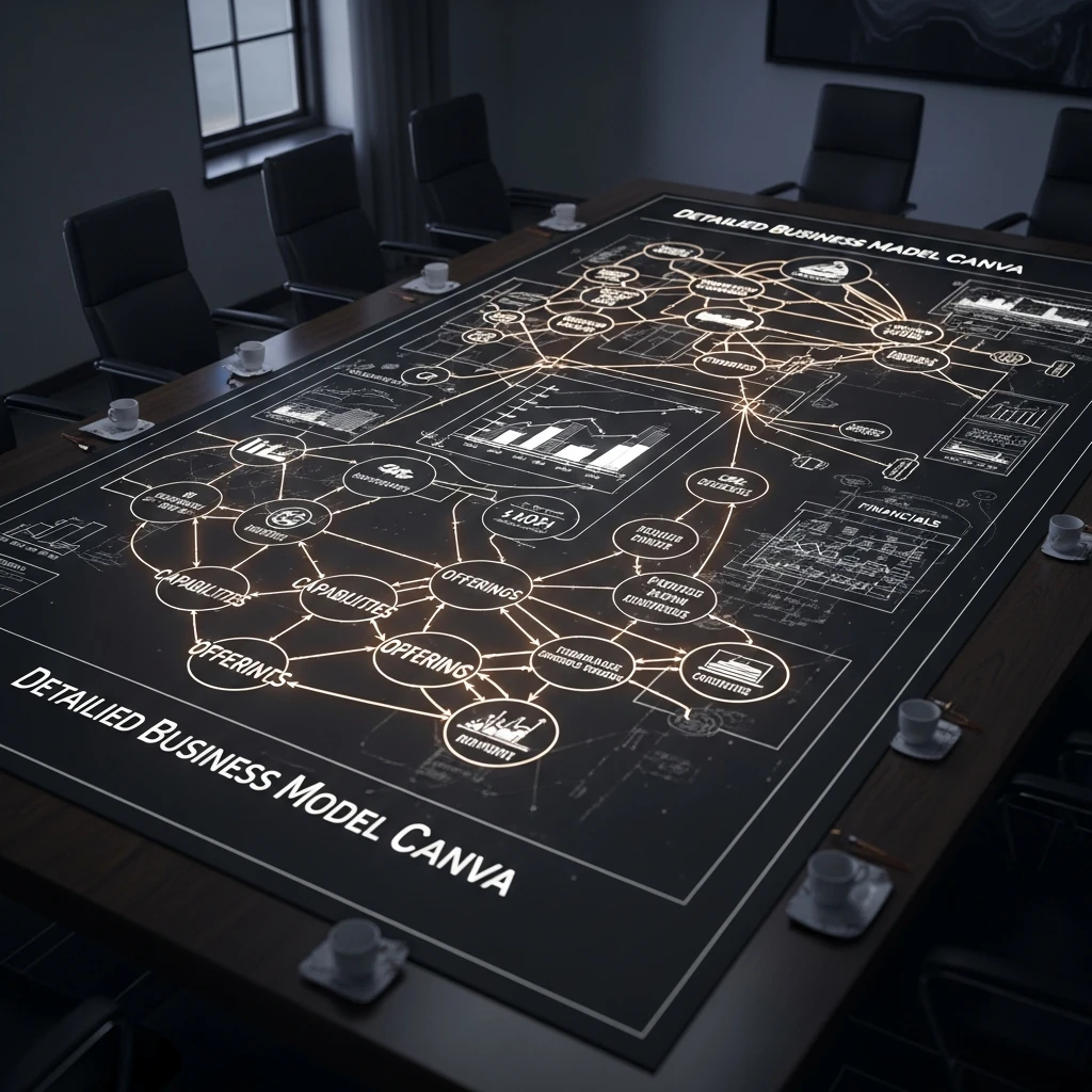 A highly detailed, illuminated conceptual diagram of the Detailed Business Model Canvas, laid out like a massive, complex engineering blueprint on a dark, polished boardroom table.