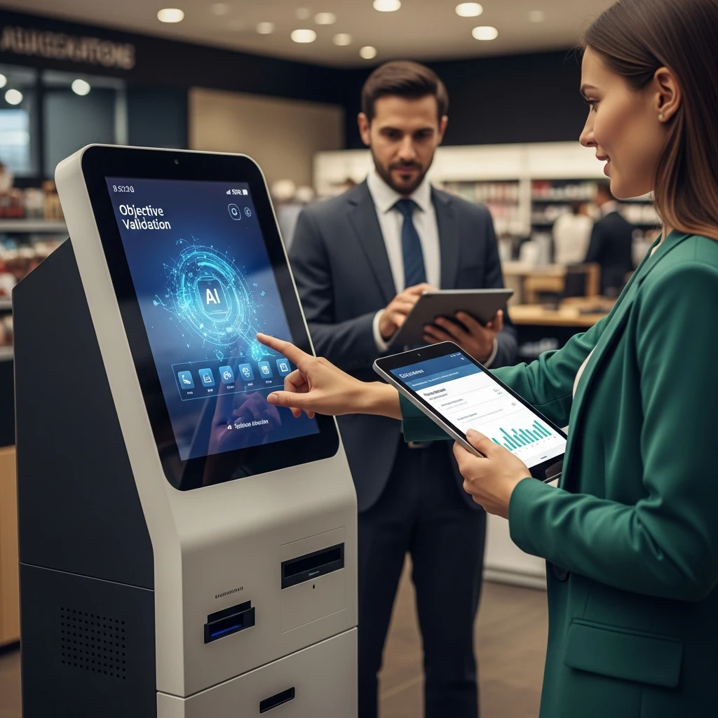 A high-stakes, realistic mock-up of an AI-powered service kiosk in a busy retail environment being actively tested by a genuine customer, while an executive discreetly watches real-time data.