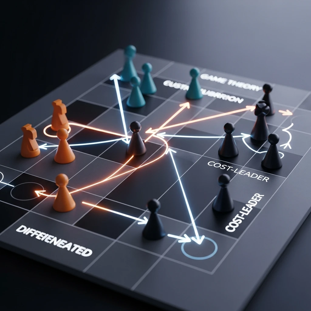 A sophisticated, three-dimensional game board where strategic pieces representing distinct business models are locked in a complex struggle, with glowing vectors illustrating game theory concepts.