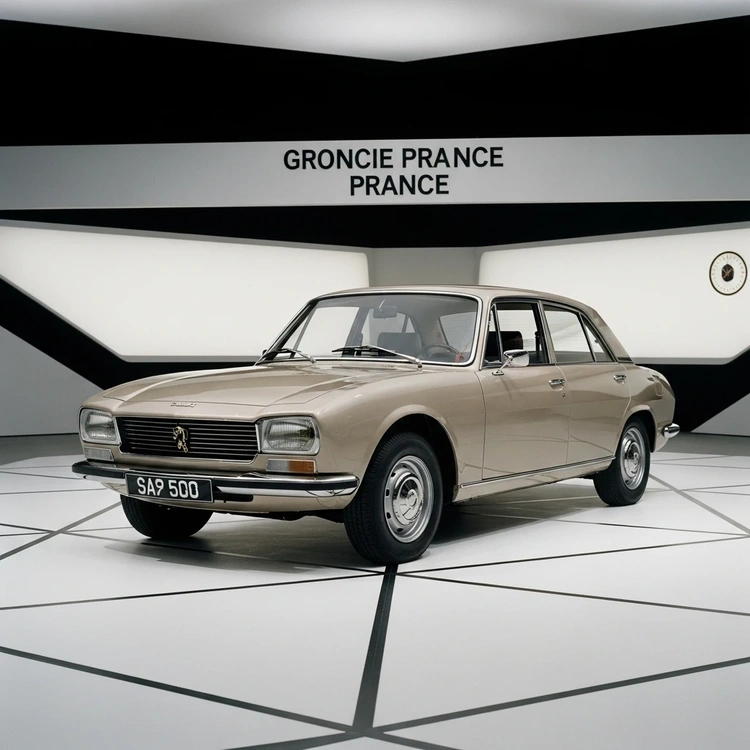 A new 1968 Peugeot 504 on display at a pristine, modernist motor show stand.