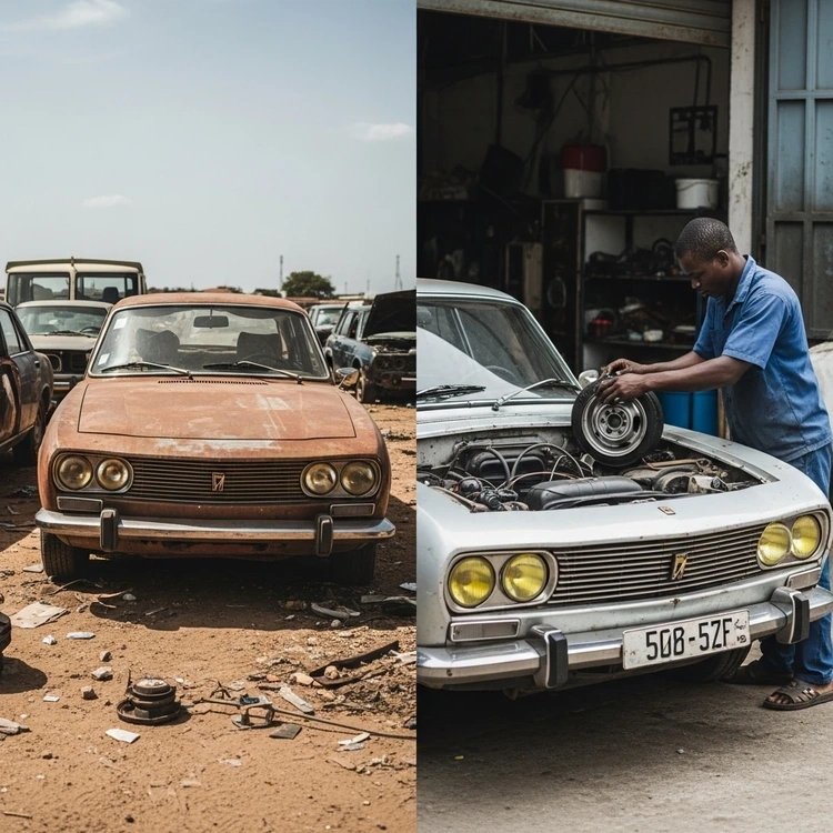A split image showing a Peugeot 504 in a scrapyard and a mechanic using parts from it to repair another 504.